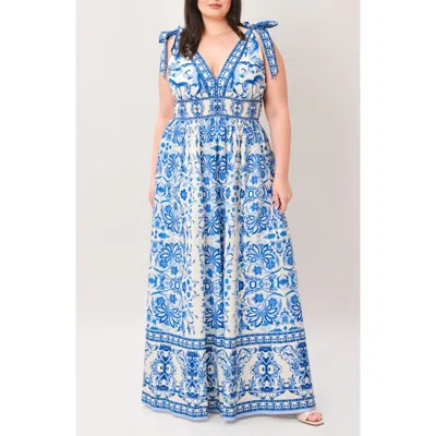 Flying Tomato Tie Strap Smocked Waist Cotton Maxi Dress In Blue