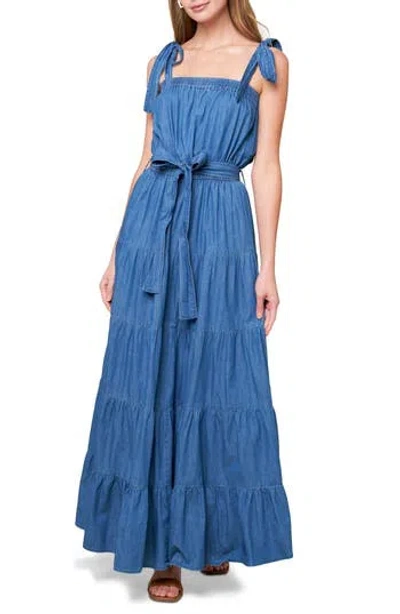 Flying Tomato Tie Strap Tiered Chambray Maxi Dress In Blue