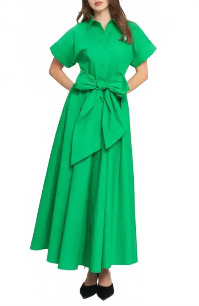Flying Tomato Tie Waist Bow Cotton Button Front Maxi Shirt Dress In Emerald Green