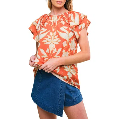 Flying Tomato Tiered Flutter Sleeve Top In Rust