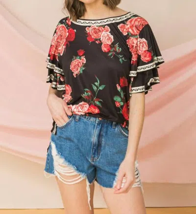Flying Tomato Tiered Ruffle Sleeve Floral Print Top In Black