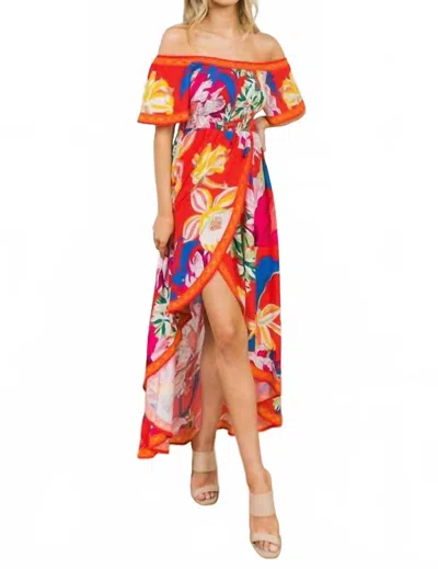 Flying Tomato Tropical Floral Off Shoulder Hi-lo Maxi Dress In Red In Multi