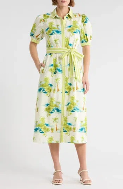 Flying Tomato Tropical Print Short Sleeve Cotton Shirtdress In Multi