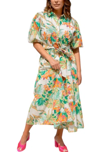 Flying Tomato Tropical Print Short Sleeve Midi Dress In White, Green In Multi