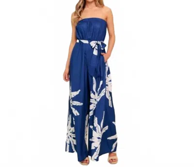 Flying Tomato Tropical Strapless Wide Leg Jumpsuit In Navy In Blue