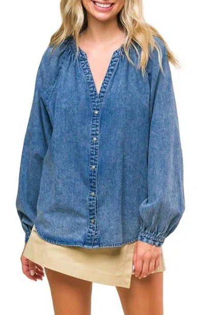 Flying Tomato Washed Long Sleeve Denim Top In Blue