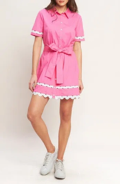 Flying Tomato Wavy Fringe Trim Cotton Shirtdress In Pink