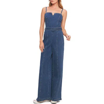 Flying Tomato Wide Leg Denim Jumpsuit In Blue