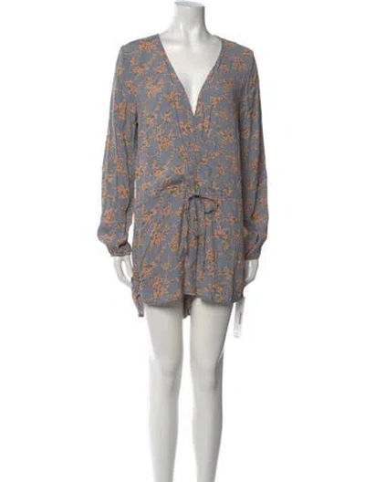 Pre-owned Flynn Skye Floral Print Plunge Neckline Romper In Blue