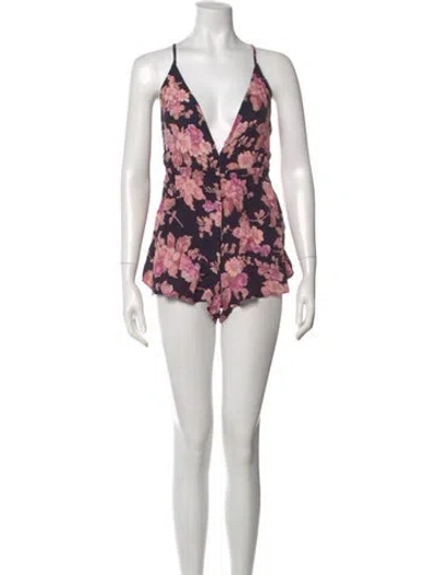 Pre-owned Flynn Skye Floral Print Plunge Neckline Romper In White