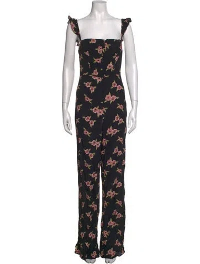 Pre-owned Flynn Skye Floral Print Square Neckline Jumpsuit In Black