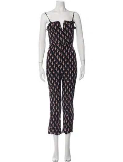 Pre-owned Flynn Skye Floral Print V-neck Jumpsuit In Blue