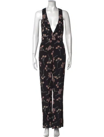 Pre-owned Flynn Skye Floral Print V-neck Jumpsuit W/ Tags In Black