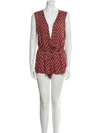 Pre-owned Flynn Skye Printed V-neck Romper In Red