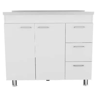 Fm Furniture Darien Base Cabinet, Double Door Cabinet, Three Drawers, Four Legs In White