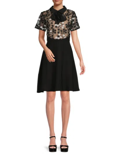 Focus By Shani Women's Floral Embroidery Fit & Flare Dress In Black