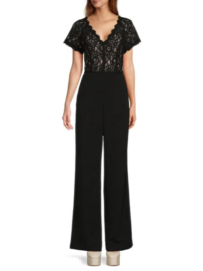 Focus By Shani Women's V Neck Lace Jumpsuit In Black Nude