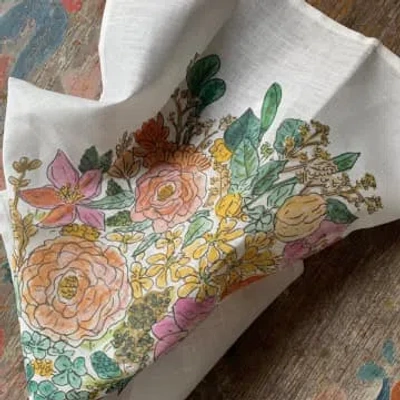 Fog Linen Work Isabelle Boinot Handkerchief Seasonal Flowers In White