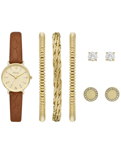 Folio Women's Three Hand Brown Polyurethane Watch 26mm Gift Set