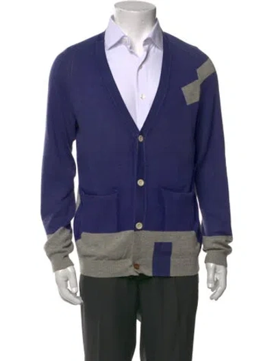 Pre-owned Folk Colorblock Pattern V-neck Cardigan In Gray