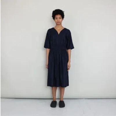 Folk Gathered Dress Navy Light Poplin In Blue