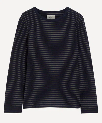 Folk Mens Navy-olive Textured Striped T-shirt In Black