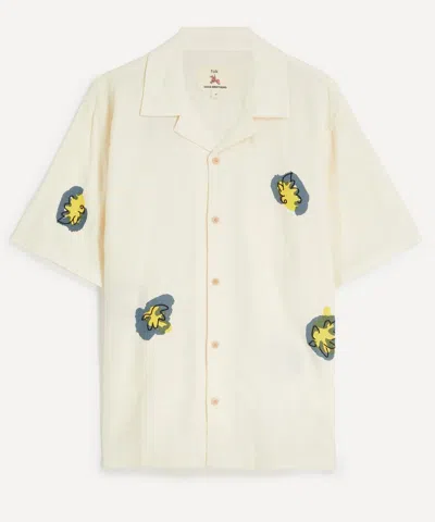 Folk Mens Relaxed Soft Collar Ecru Embroidered Flower Shirt