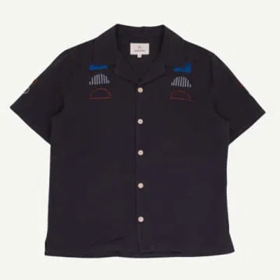 Folk Ss Soft Collar Shirt Black Moon Embroidery Damien Poulain