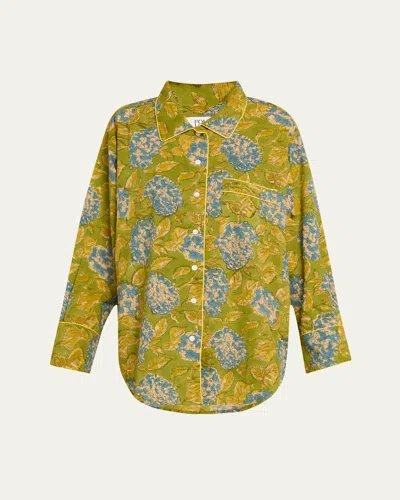 Folkloore Floral-print Cotton Pajama Set In Orthensia Print: Blue Flowers On Green Background