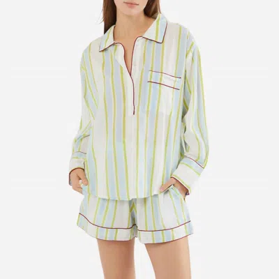 Folkloore Lightweight Cotton Stripe Short Pj Set In Baby Blue / Green In Multi