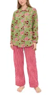 Folkloore Long Pajama Set Green Flower W/ Pink/red Stripe