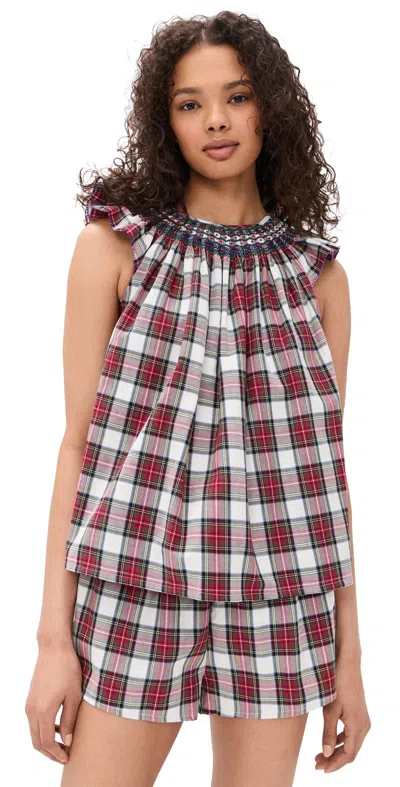 Folkloore Smocked Short Pajama Set Cotton White Tartan In Black