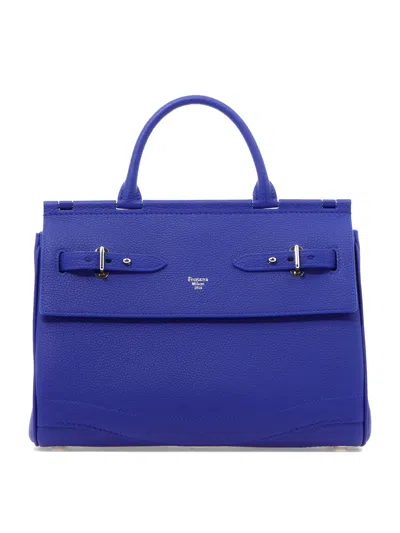 Fontana Milano 1915 Blue Leather Handbag With Belt Closure And Open Pockets For Women