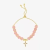 Footnotes Charm Beaded Womens Pink Quartz 10k Gold Over Brass Cross Bolo Bracelet In Gold
