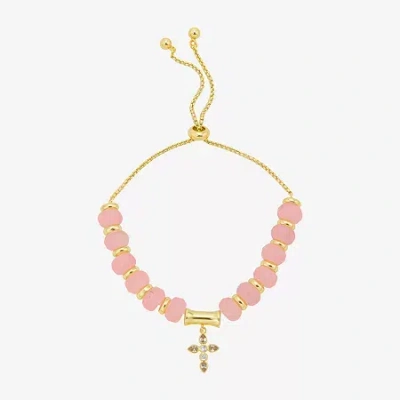 Footnotes Charm Beaded Womens Pink Quartz 10k Gold Over Brass Cross Bolo Bracelet In Transparent