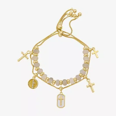 Footnotes Charm Beaded Womens White Moonstone 10k Gold Over Brass Cross Bolo Bracelet In Transparent