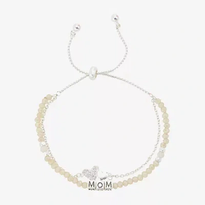 Footnotes Mom Womens White Glass Heart Bolo Bracelet In Silver
