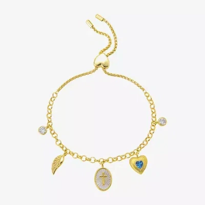 Footnotes Womens Cubic Zirconia 10k Gold Over Brass Cross Heart Wing Charm Bracelet In Transparent