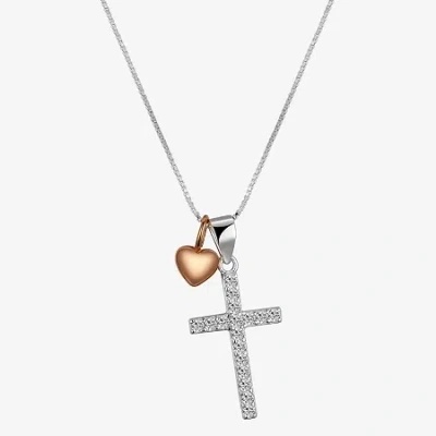 Footnotes Womens Cubic Zirconia Sterling Silver Cross Heart 16 Inch Pendant Necklace In Transparent