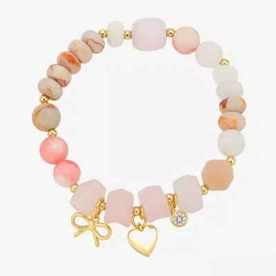 Footnotes Womens Pink Agate 14k Gold Over Brass Bow Heart Beaded Bracelet In Yellow