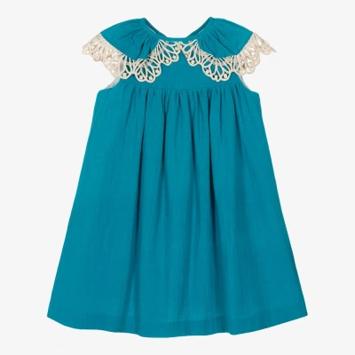 Foque Kids' Girls Blue Cotton Lace Frill Dress