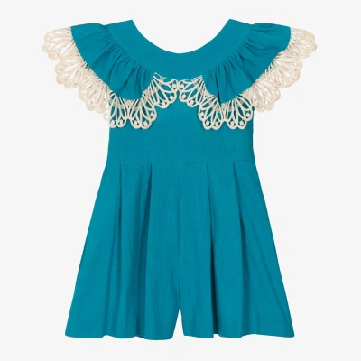 Foque Kids' Girls Blue Cotton Lace Frill Playsuit