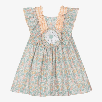 Foque Kids' Girls Green Floral Cotton & Linen Dress