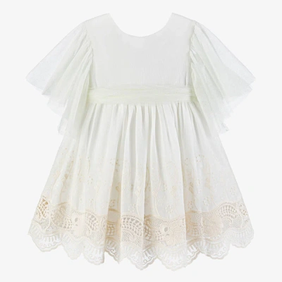Foque Kids' Girls Ivory Embroidered Cotton Dress