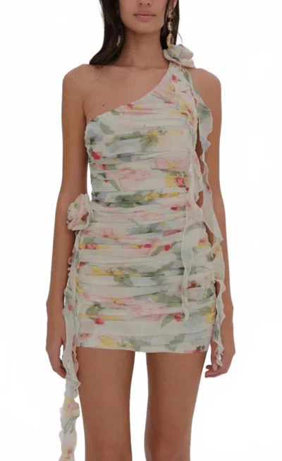 For Love & Lemons Abby One Shoulder Mini Dress In Beige Multi In White