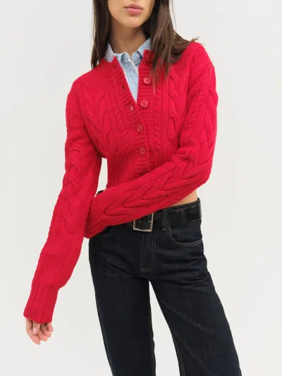 For Love & Lemons Camille Cable Knit Cardigan In Red