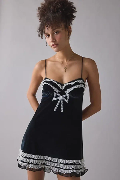 For Love & Lemons Claire Velvet Lace Trim Babydoll Mini Dress In Black, Women's At Urban Outfitters