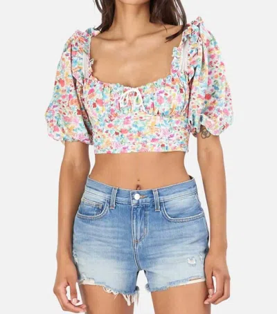 For Love & Lemons Claude Puff Sleeves Top In Aqua In Brown