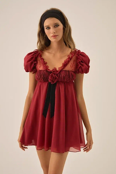 For Love & Lemons Claudine Chiffon Babydoll Mini Dress In Maroon, Women's At Urban Outfitters In Brown