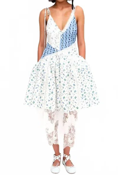 For Love & Lemons Colby Patchwork Midi Dress In White/blue In Multi